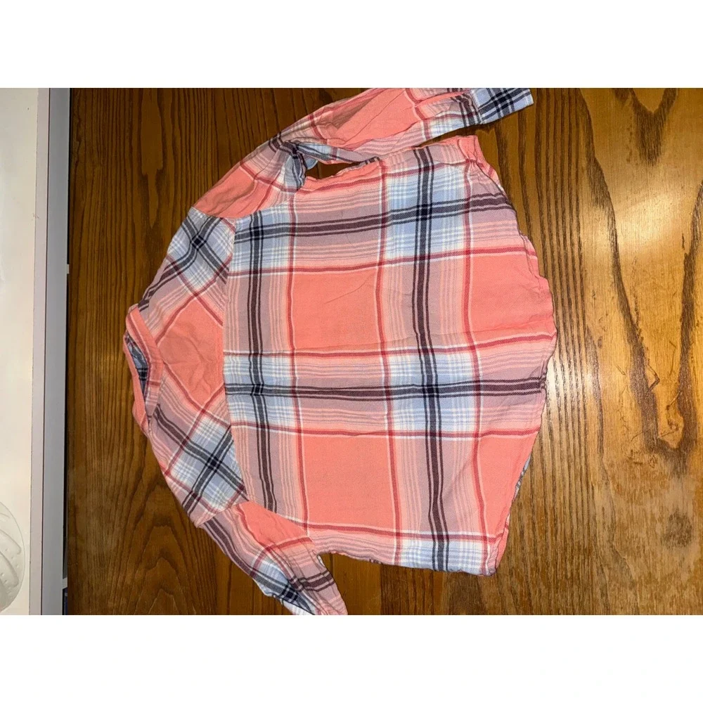Justice Plaid Button Up Shirt Coral Blue‎ Girls Size M 10 Long Sleeve Pocket